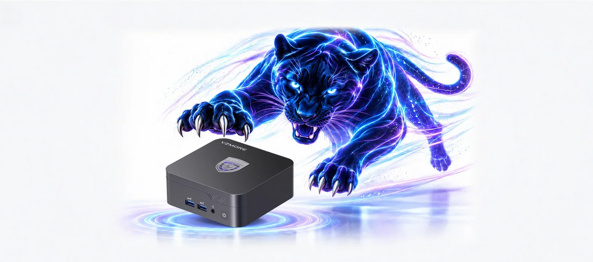 Mini PC VZMORE iX7 con una imagen de pantera eléctrica