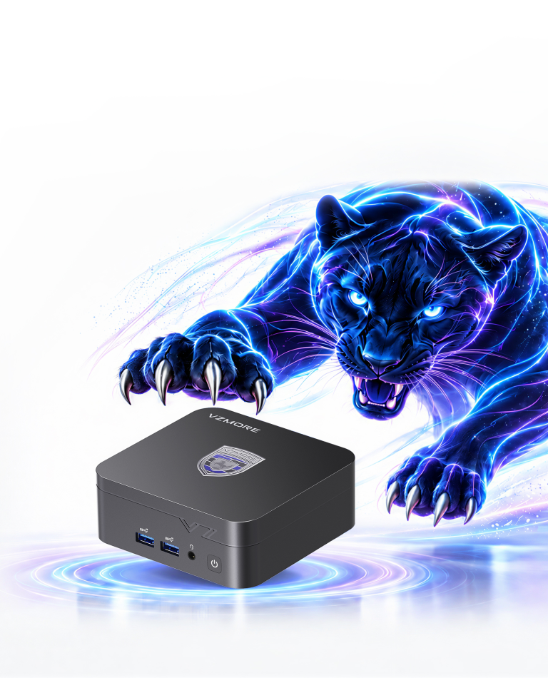 Mini PC VZMORE iX7 con una imagen de pantera eléctrica