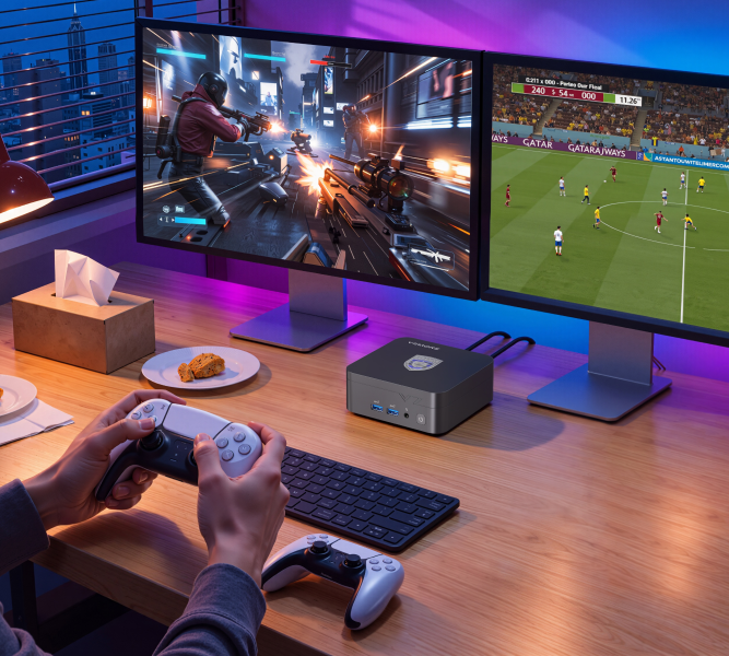 Conectividad completa. Cuatro pantallas. Disfruta de contenido en streaming en 4K, sumérgete en experiencias de juego envolventes y conecta con familiares y amigos, todo desde un PC de sobremesa compacto diseñado para integrarse perfectamente en tu espacio.